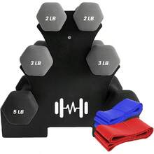 Set de 6 mancuernas de Neopreno de 2,3 y 5 LB con base incluida - Ejercicio en casa - Ideal para ejercitarte en casa - Cómodas Mancuernas de alta calidad - Ejercicio en Gimnasio - Incluye 2 bandas de resistencia de Regalo. - 1 - Ver 3