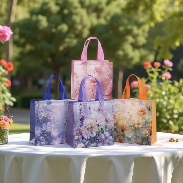 12 قطعة / مجموعة أكياس قماش غير منسوجة بنقوش زهرية، هدايا عيد، حفلات عيد الميلاد، التعبئة والتغليف، حقائب تسوق، أكياس مقاومة للماء