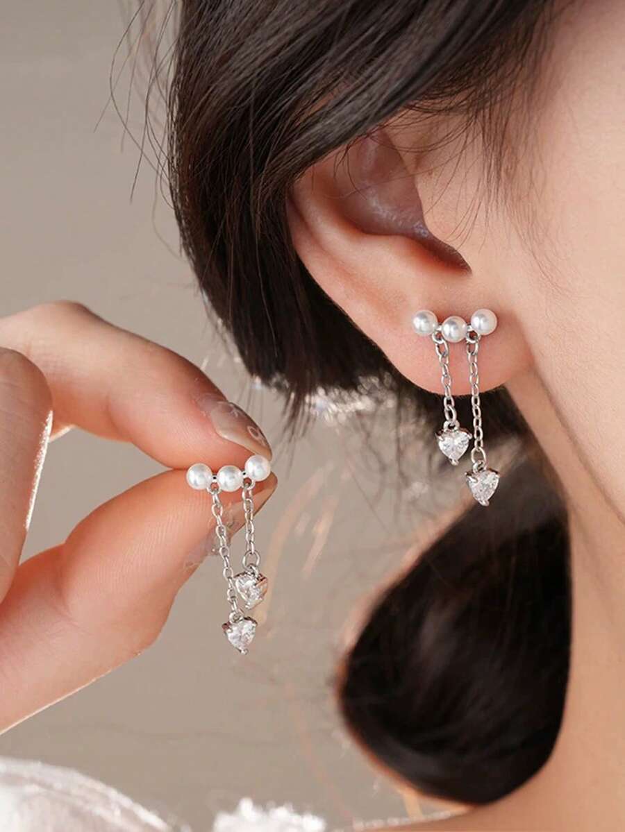 1 对时尚小众心形仿珍珠流苏耳环，轻盈奢华优雅耳环 - 銀色 - 查看 1