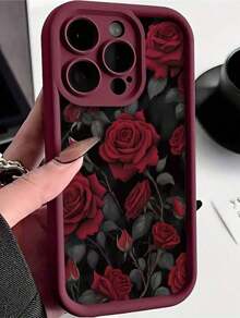 1pc Red Rose Pattern Silicone Matte Shockproof Full Cover Phone Case Compatible With IPhone 16/16E/15/14/13/12/11/Pro Max/X/Xs/Xr/Xs Max/7/8/7 Plus/8 Plus