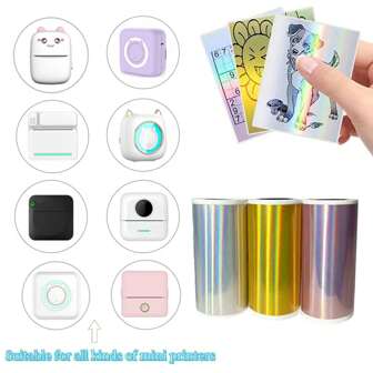 Pegatinas térmicas holográficas, Etiquetas térmicas plateadas, doradas y moradas, 50mm x 3.5m/Rollo, Pegatinas térmicas de purpurina arcoíris, Código de barras, Envío, Nombre, Diseño de logotipo personalizado DIY, Compatible con mini impresora