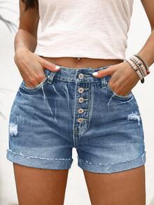 女士休闲水洗纽扣破洞牛仔短裤