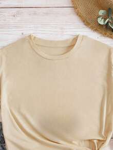 Camiseta con eslogan de letra grande, camiseta casual de cuello redondo y manga corta, ropa de mujer talla grande