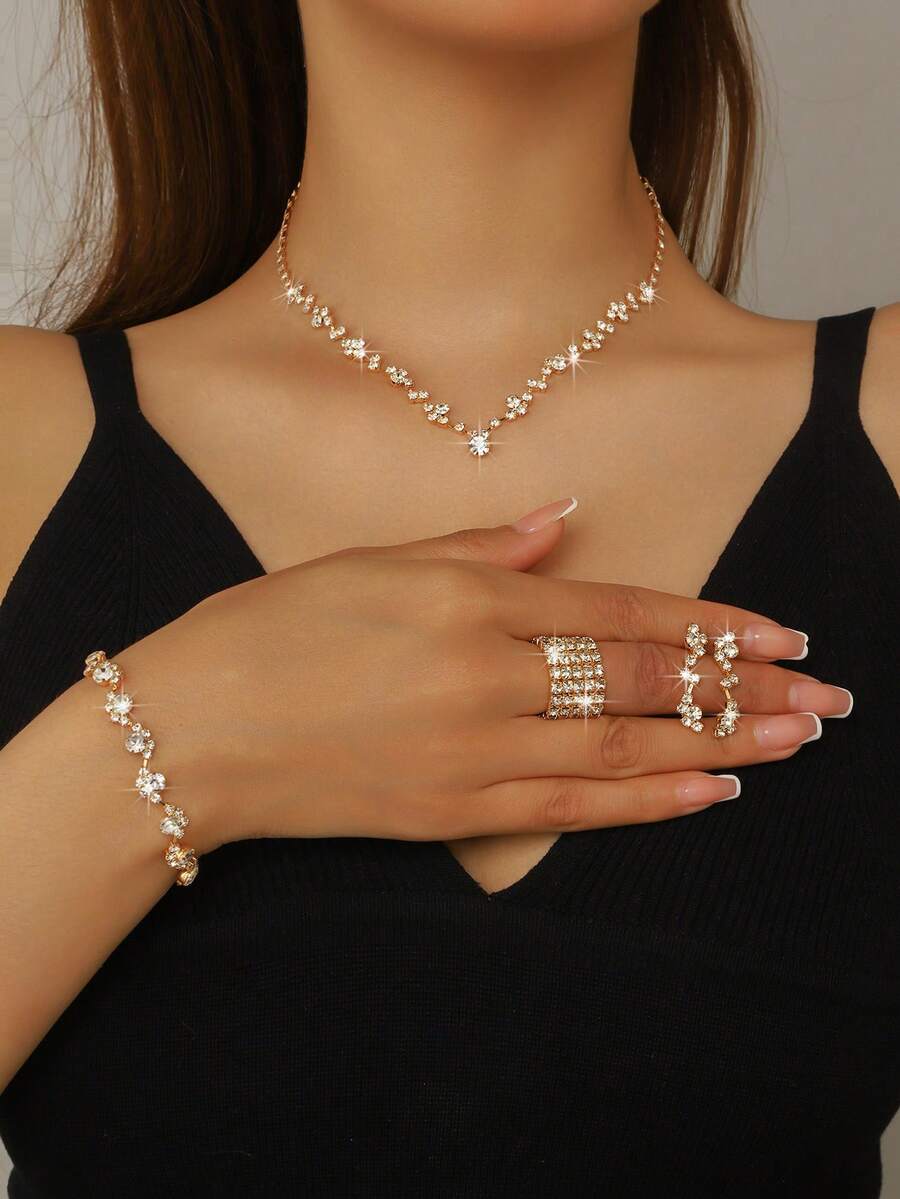 简约新娘项链时尚首饰套装，优雅百搭水钻精致爪链项链耳环手链戒指套装 4 件套 - 金色 - 查看 1