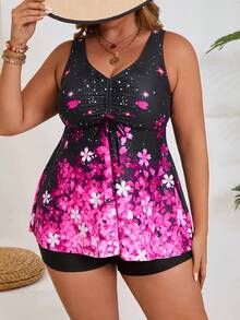 Plus Size Women's High Waist Printed Bikini Swimsuit Set, Shiny Beach Wear Swimsuit - Pink - View 2