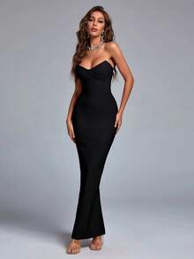 Bernatova Sexy Strapless Midi Bodycon Party Cocktail Bandage Dress With Back Slit, Suitable For Birthday, Back To School, Graduation, Wedding Guest, Formal Dinner And Other Occasions - Black - View 3