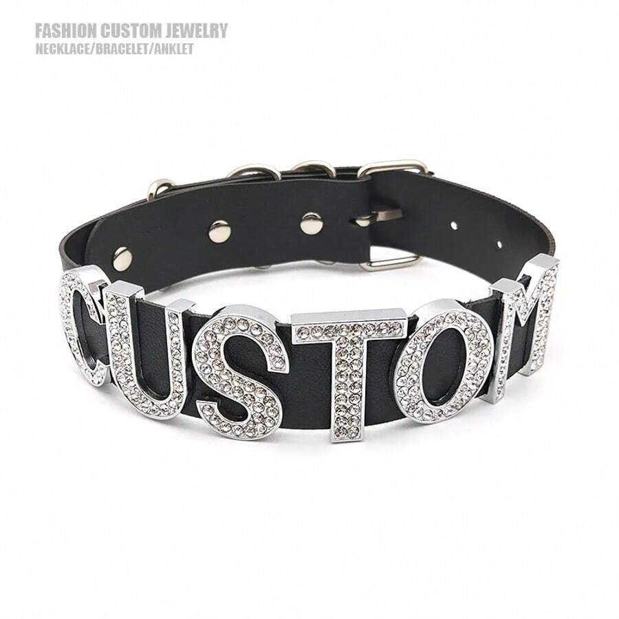 1pc Punk Chunky Big Rhinestone Letters Custom Choker Collar Exaggerated 30MM Wide PU Collar Choose Name Word Chocker Cosplay Personalized Collar Accessories