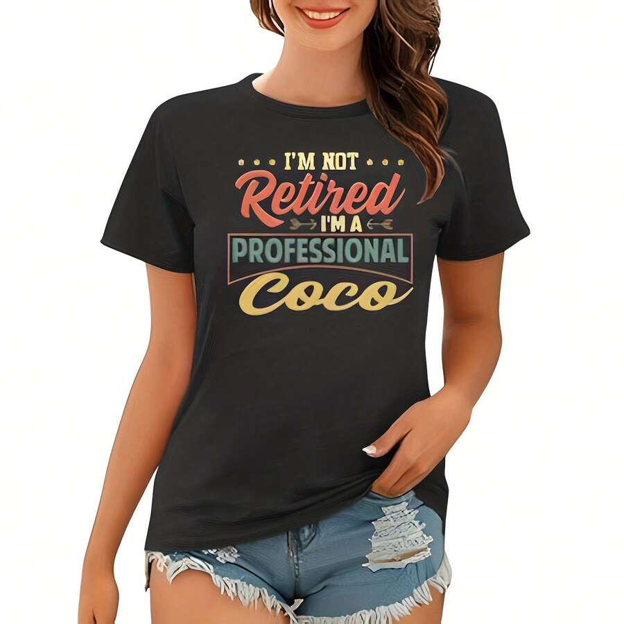 Coco Grandma Gift Im A Professional Coco Women T-Shirt _ Seseable CA (1)220g Women's Cotton T-Shirt, Thick And Soft Round Neck T-Shirt, Women's Patterned Short Sleeved T-Shirt, Aesthetic Retro Style Casual Top Suitable For Girls And Women, Loose Summer Fashion T-Shirt Suitable For Travel, Daily Street Wear, Work Or Relaxation - Black - View 1