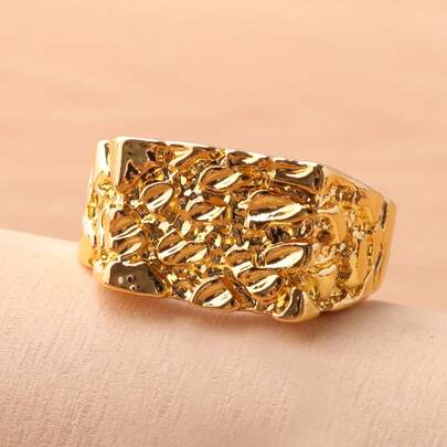 1pc Metallic Gold-Tone Minimalist Embossed Hiphop Men's Ring, Suitable For Casual Wear, Party, Event, Gift Giving