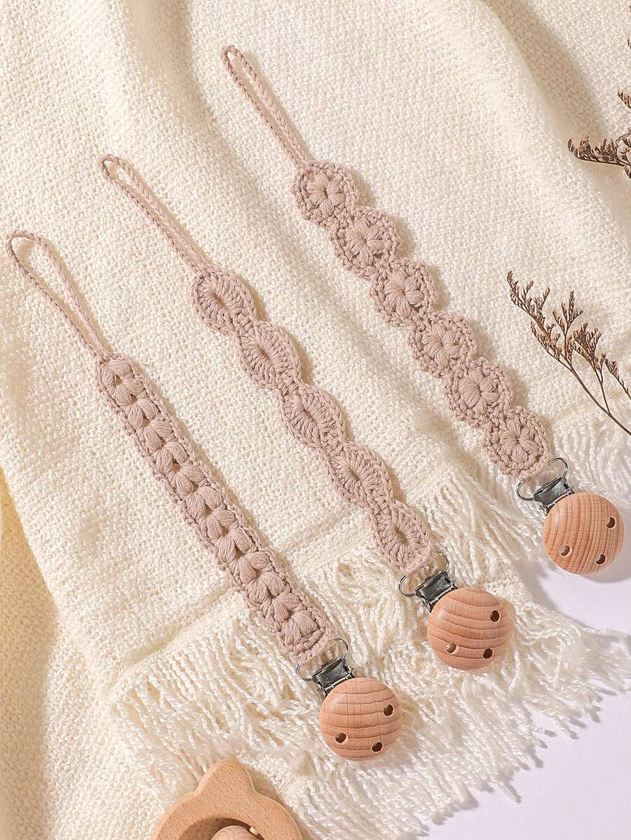 3Pcs/Pack Pacifier Holders With Elastic Band | Baby Pacifier Chain Clips |Universal Holder Soother Clips With Beechwood Clasp For Baby Teething Toys Teethers | Ideal Baby Gift For Boy For Girl - Multicolor - View 1