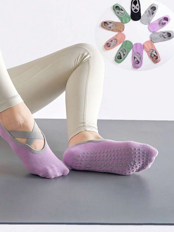 Women's Cotton Yoga Socks, Non-Slip Silicone Grip, Indoor Fitness Dance Pilates Sports Socks With Criss-Cross Bandage Design, Summer