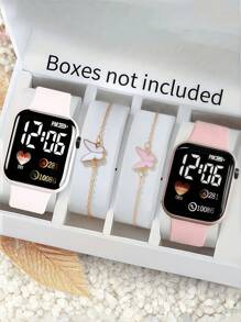 4pcs/Set 2pcs Cartoon Heart Square Digital Watch And 2pcs Butterfly Bracelet Valentine's Day Gift Christmas Gift Graduation Gift Couple Gift Couple Watch Bracelet The Best Choice For Halloween, Christmas, Valentine's Day, Mother's Day, Holiday Gift