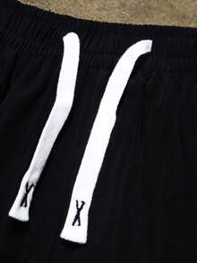 男士纯色条纹休闲短裤、沙滩裤 - 黑色 - 查看 5