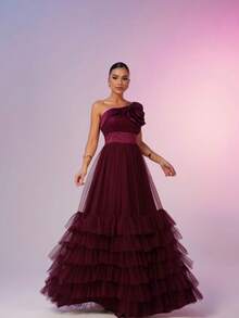 elegante  Festa  Vintage  Conservador / modesto    Tecido    Apliques  Busto plissado  Zíper  Plissado  Laço Contraste    Casamento  Festa  Noite  Festa de graduação - Marsala - Visão 2