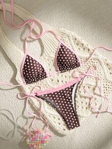 2pcs/Set Sexy Cute Polka Dot Print Tie Sides Bikini Set Ruffle Trim Halter Neck Swimwear For Summer Beach Vacation, Contrast Binding 4th Of July Swimsuit