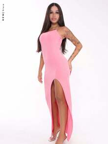 Vestido Longo c/ Fenda e Alça Fina - Rosa Bebê - Visão 1