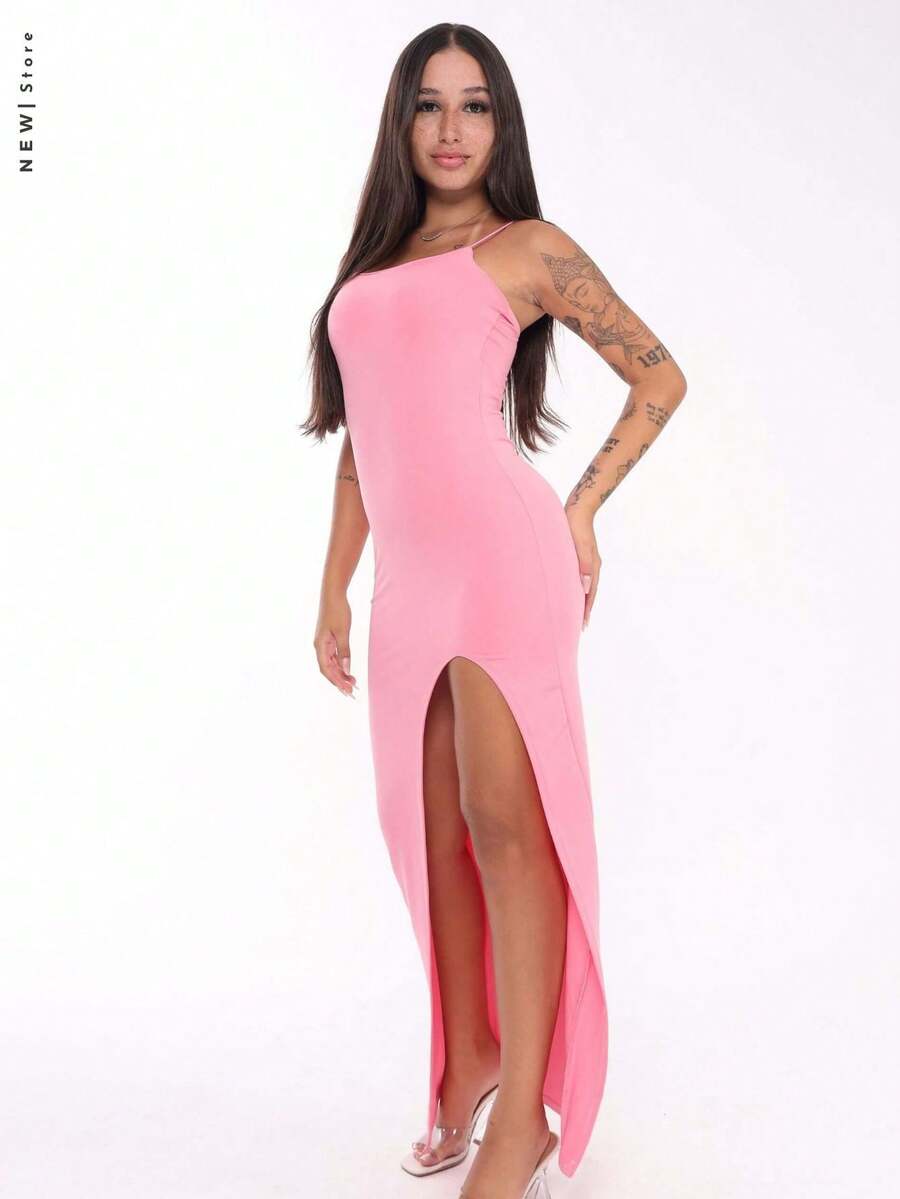 Vestido Longo c/ Fenda e Alça Fina - Rosa Bebê - Visão 1