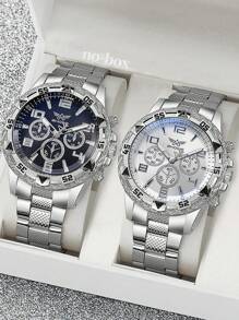 Set de 2 relojes, reloj casual y elegante. Reloj de hombre casual con 3 esferas y correa de acero, reloj de moda de aleación