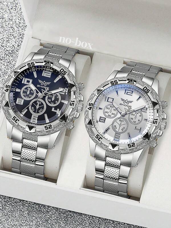 2pcs/Set Casual & Elegant Watch Set, Men's Casual 3-Dial Steel Watchband Watch, Fashion Alloy Watch