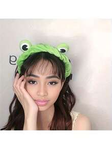 3件套卡通青蛙图案淋浴头带和腕带，绿色卡通青蛙浴室头带和腕带套装，头带和系带头带，秋季装饰洗面奶和防潮三件套，情人节礼物，返校季礼物发饰 - 綠色 - 查看 3