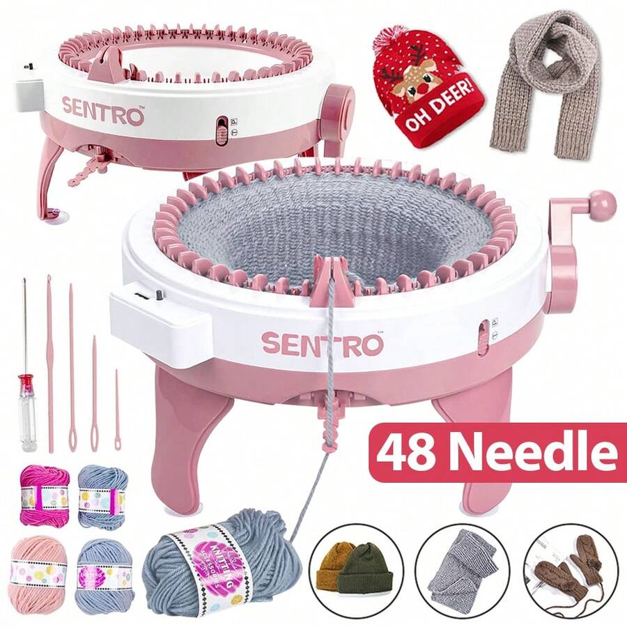 Hand Crank Knitting Machine With 48 Needles - DIY Crafting Made Simple - Pink - View 1