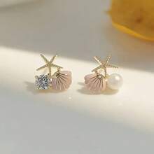 Boho Shell Earrings For Women,Asymmetry Exquisite Starfish Shell Earring Crystal Pearl Earring Beach Jewelry Gift - trắng - Xem 3