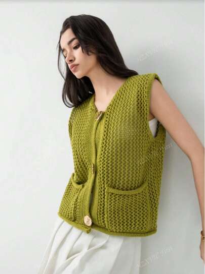 Maglia senza maniche con tasca, in colore unito, stile retrò, con bottoni in metallo, maglia a costine per donna