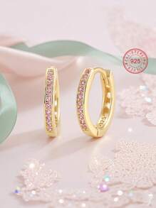 1 Pair 925 Sterling Silver Hypoallergenic Pink Zirconia Embedded Hoop Earrings For Children, Gift Box, Gift For Kids, Young Girls, Birthday Gift For Friends, Back To School