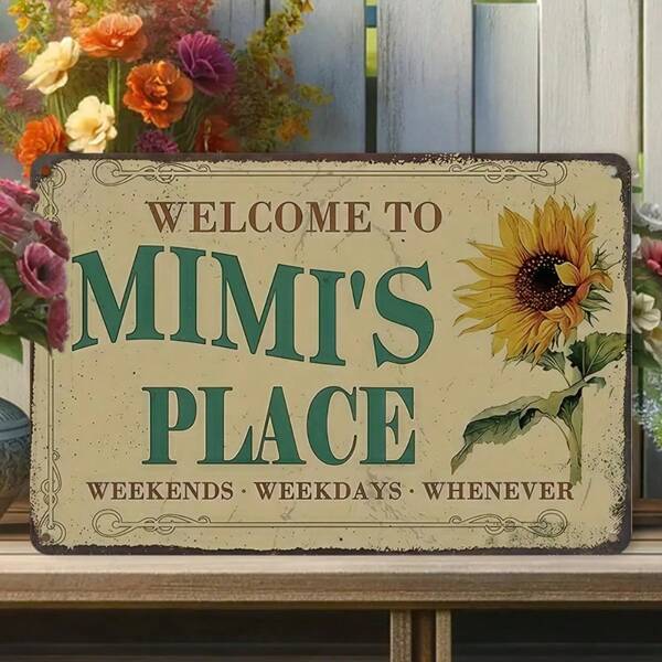 1PC Vintage Tin Sign, Welcome To Mimi's Place, Rustic Home Decor, Floral Wall Art, Perfect For Entryway Or Living Room, High-Quality Metal, 8x12 Inches/ 20x30 Cm