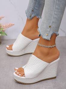 1 Pair Women Slip-On Wedge Sandals, Open Toe, Metallic Stone Patterned Leather, Lightweight, Non-Slip, Versatile For Beach Wear - White - View 3