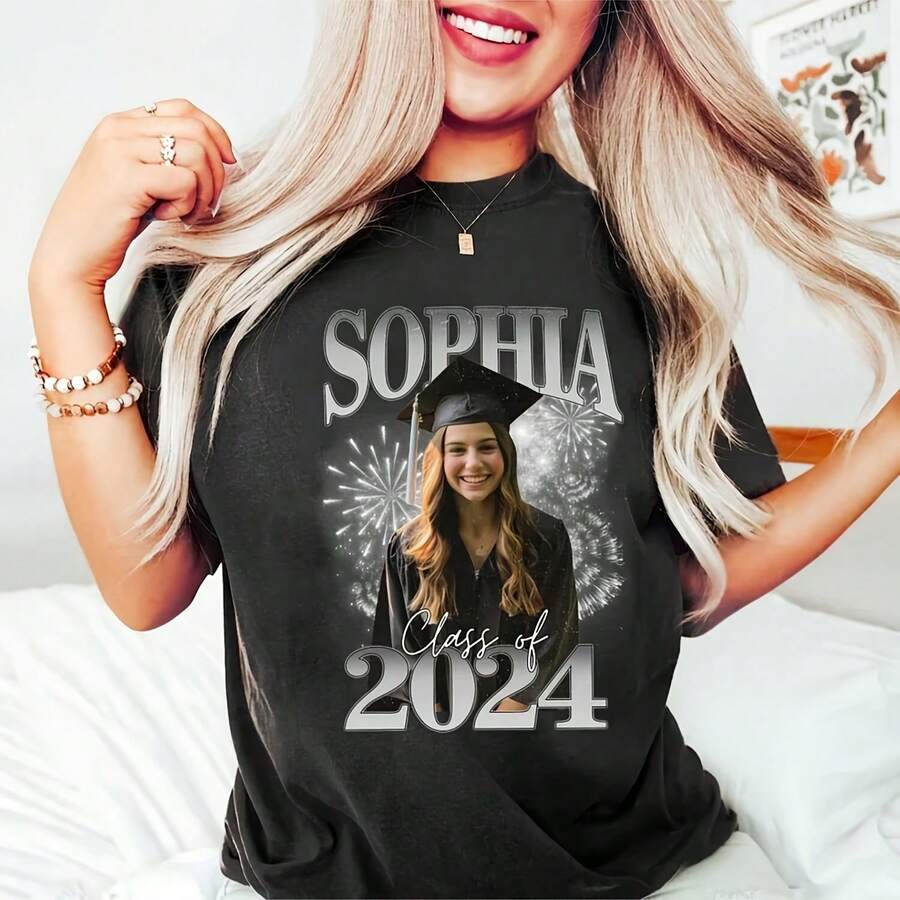 Personalized Senior Graduation Shirt, Class Of 2024 Family Graduation Shirt, Proud Senior Shirt, College Senior High School Senior 2024_T-Shirt For Women, 220g High-Quality Pure Cotton T-Shirt With Minimalist Printing, Soft And Breathable Fabric, Comfortable And Loose, Suitable For All Day Wear, Suitable For Office Casual Wear, Spring And Summer Daily Appearance, Elegant And Youthful Design - Black - View 1