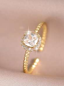 1 Peça Elegante Anel Aberto Dourado de Mulher com Laço de Zircônia Cúbica, Anel de Casal Glamoroso para Aniversário, Encontro, Solteiro, para Uso Diário, Formatura, Presente de Joias