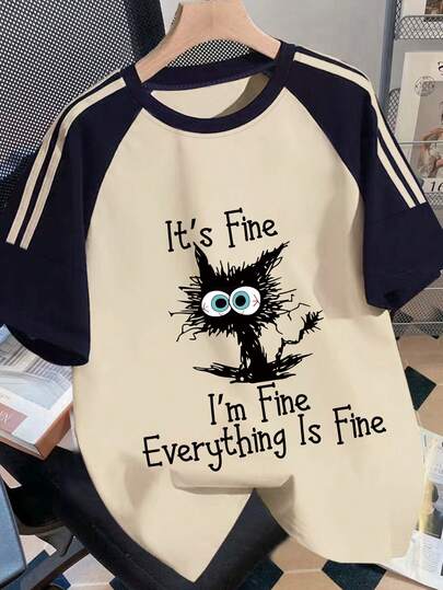 女童撞色卡通猫标语图案短袖T恤，夏季假日