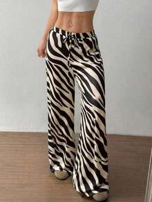 1pc Zebra Print Animal Textured Drawstring Pocket Tie Front Casual Pants, Summer - Apricot - View 1