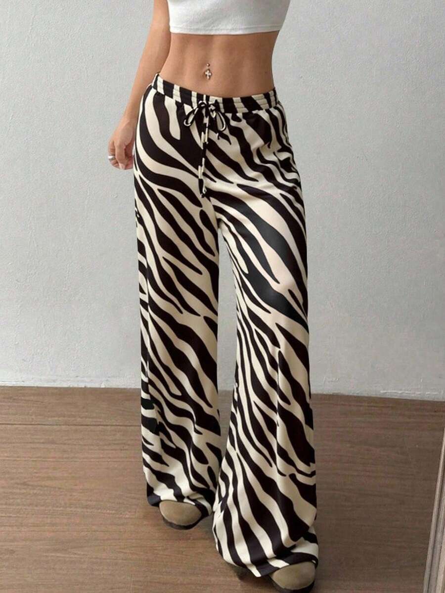 1pc Zebra Print Animal Textured Drawstring Pocket Tie Front Casual Pants, Summer - Apricot - View 1