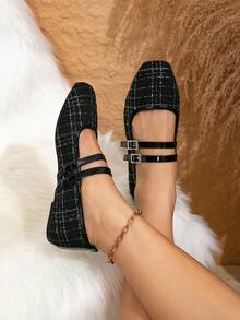 女士方头平底鞋，玛丽珍PU软皮套脚鞋，法式双水钻搭扣平底鞋，透气休闲平底鞋，优雅休闲时尚平底鞋，绒面芭蕾平底鞋，休闲时尚百搭女鞋，通勤度假两相宜，尺码偏小半码 - 黑色 - 查看 5