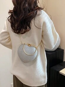 1件全新独特设计闪亮心形戒指手提包，带链条，时尚单肩/斜挎包，适合约会、休闲外出、情人节，个性化奢华晚宴手拿包 - 銀色 - 查看 11