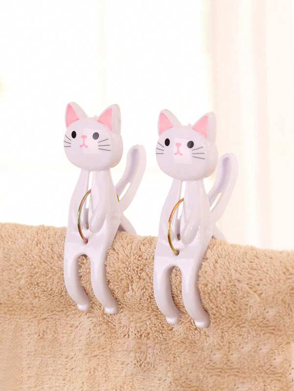 1pc Cat-Shaped Beach Towel Clips, Plastic Chair Towel Clips, Cute Cartoon Kitten Clips, Clothes And Quilt Holders