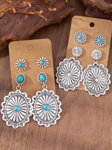 MONLOTTI 4 pièces/set Boucles d'oreilles pendantes rétro western, style cowboy avec motif géométrique et texture totémique, style bohème exagéré créatif, ensemble de bijoux pour femmes, cadeau de fête des mères
