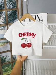 2pcs/Set Tween Girls Letter Slogan & Cherry Print Crop Top T-Shirt & Sports Shorts Set, Spring/Summer Outfit - White - View 3