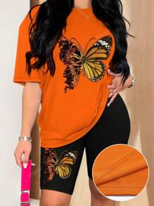 Plus Size Butterfly Printed Suit, Casual Short-Sleeved T-Shirt And Tight Shorts, Women's Clothing
