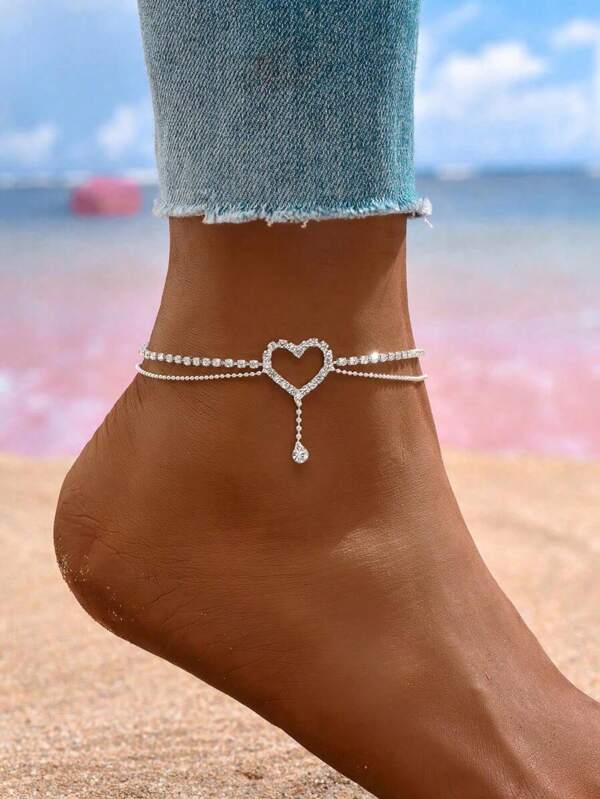 1pc Fashionable Sparkling Sexy Randomly Micro-Inlaid Rhinestone Hollow Heart-Shaped Waterdrop Pendant Anklet For Women, Suitable For Festivals, Parties And Daily Wear