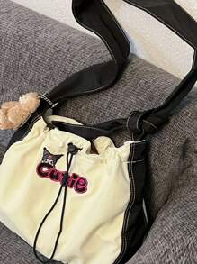 1PC Sanrio Kulomi Casual Canvas Tote Bag With Drawstring Tightening Design For Shoulder Crossbody Bag, Suitable For Daily Commuting Storage Use