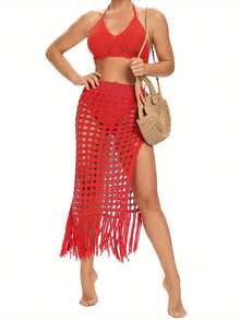 Women's Summer Solid High Waist Hollow Out Tassel Skirt  Soft Skirt For Vacation  Pool - 紅色 - 查看 4