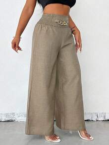 Women's High-Waisted Wide-Leg Pants With Gold Chain | Linen Style | S To L | New Release - Màu be - Xem 3