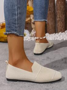 Mocasines planos de mujer tejidos, zapatos cómodos de punta cuadrada con slip-on, zapatos transpirables para mamá para primavera y otoño