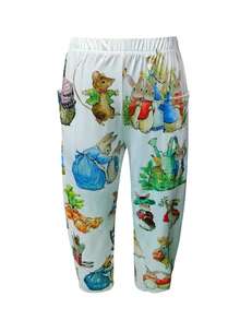 Women's Vintage Rabbit Print Wide Leg Pants - Casual, Stretchy Polyester Blend, Machine Washable, Thicker Fabric - 白色 - 查看 3