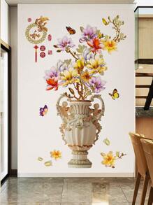2 pièces/set Autocollant mural imprimé fleurs et vase, décoration murale amovible moderne pour la décoration de la maison, autocollants, décalcomanie murale, décalcomanie en vinyle pour la décoration de la maison, articles de décoration printanière pour rafraîchir votre maison, autocollants de décoration de cadre
