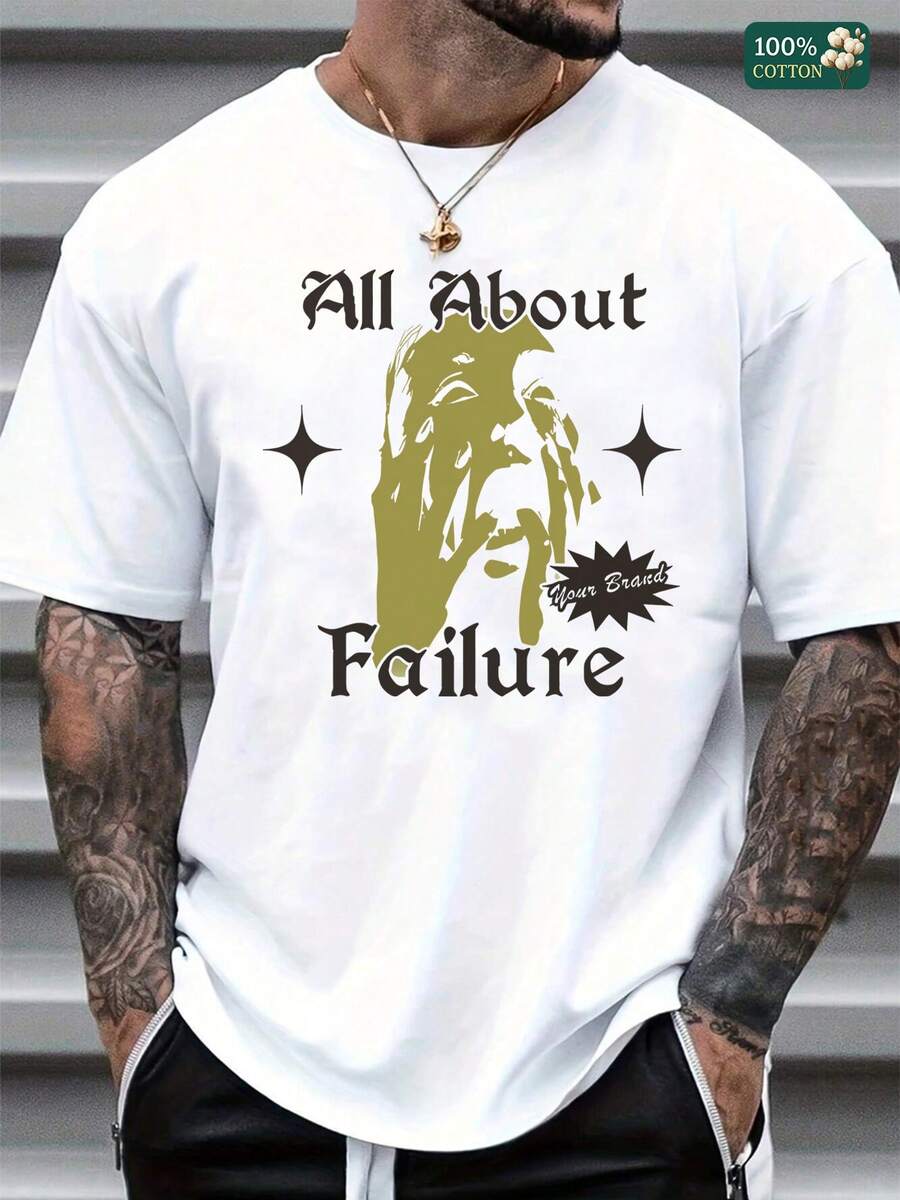 "Unisex 100% Cotton Round Neck Short - Sleeve T - Shirts - Provocative 'All About Failure' Graphic Basic Tee For Summer Men's Tops" - trắng - Xem 1