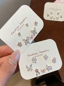 6 件/套 Y2K 粉色心形蝴蝶结耳钉 女士女孩星星吊坠耳环 - 甜美水晶蝴蝶结耳坠 时尚耳饰礼物 - 6件套蝴蝶結愛心耳環 - 查看 11